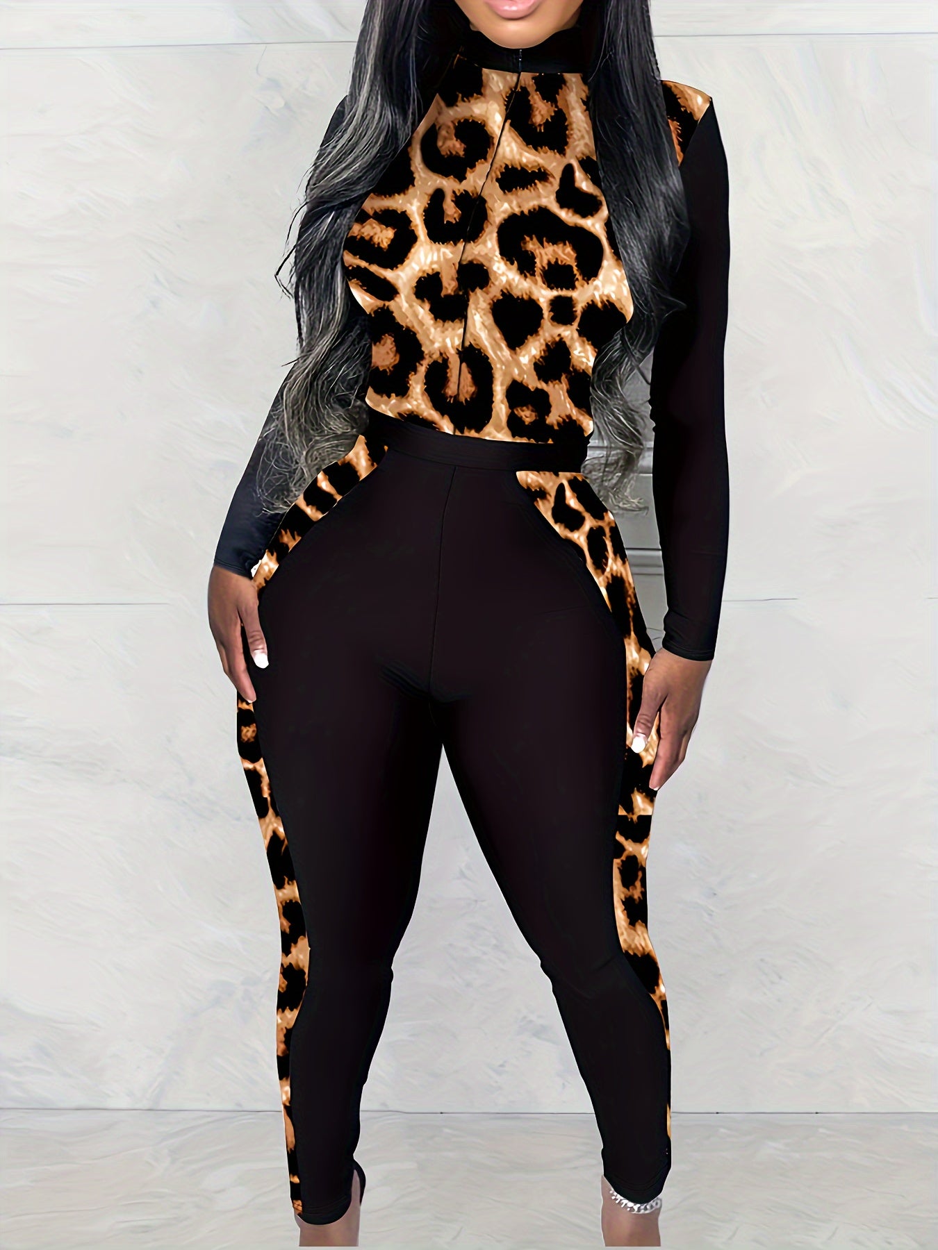 Plus Size Leopard Print Casual Patchwork Zipper Collar Jumpsuit