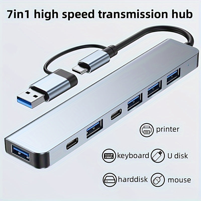 High-Speed 7-in-1 USB 3.0 Hub with Type-C and USB-A Connectors for Tablets