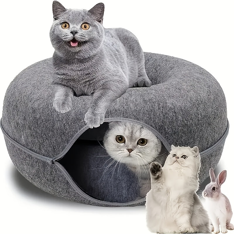 Donut-Shaped Cat Bed with Felt Tunnel and Canvas House for Small to Medium Cats Ferrets and Rabbits