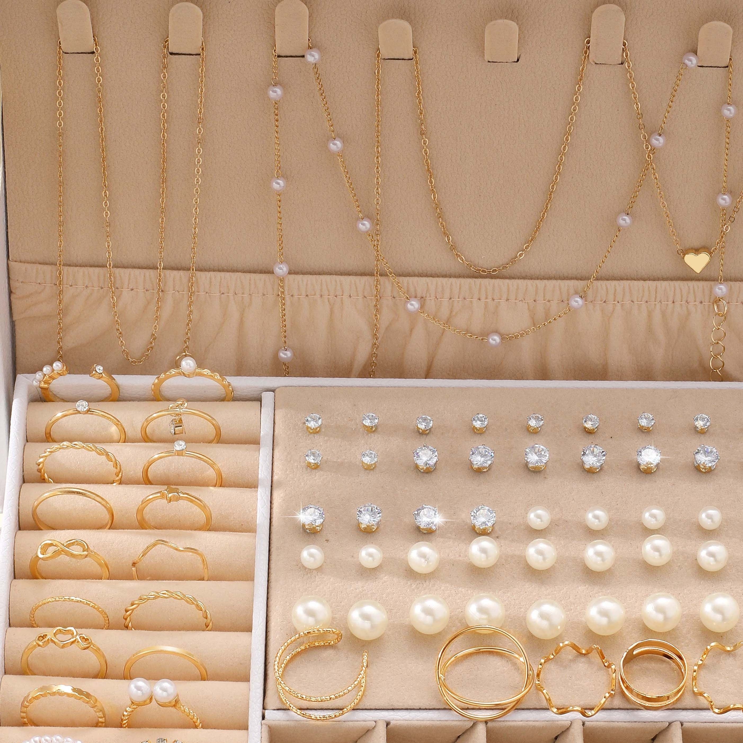 Jewelry Set with 83 Faux Pearl Rings Earrings Necklaces Bracelets for Women