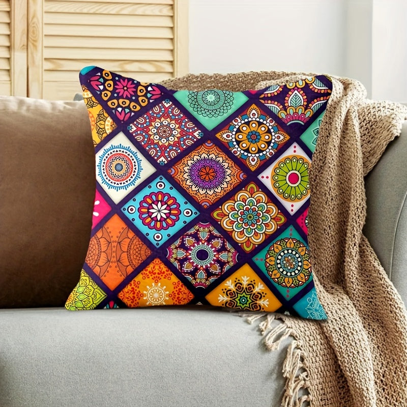 Funda de cojín estilo bohemio con mandala de 45cm, doble cara, poliéster para decoración de sofá y cama