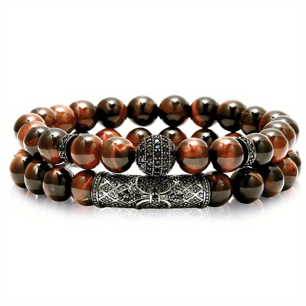 Set of 2 Tiger Eye Beaded Bracelets 8mm Stretchy Yoga Accessories for Men