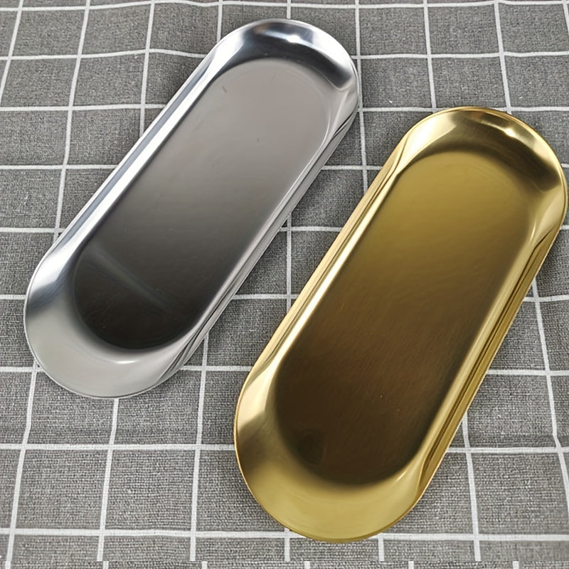 Organizador de bandeja de acero inoxidable dorado para maquillaje, perfume, joyas y decoración de baño