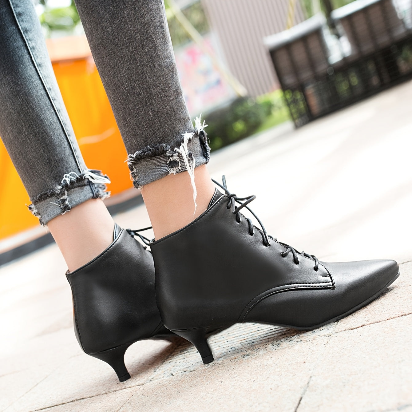 Women's White Pointed Toe Mid-Heel Ankle Boots Lace-Up Faux Cover Rubber Sole