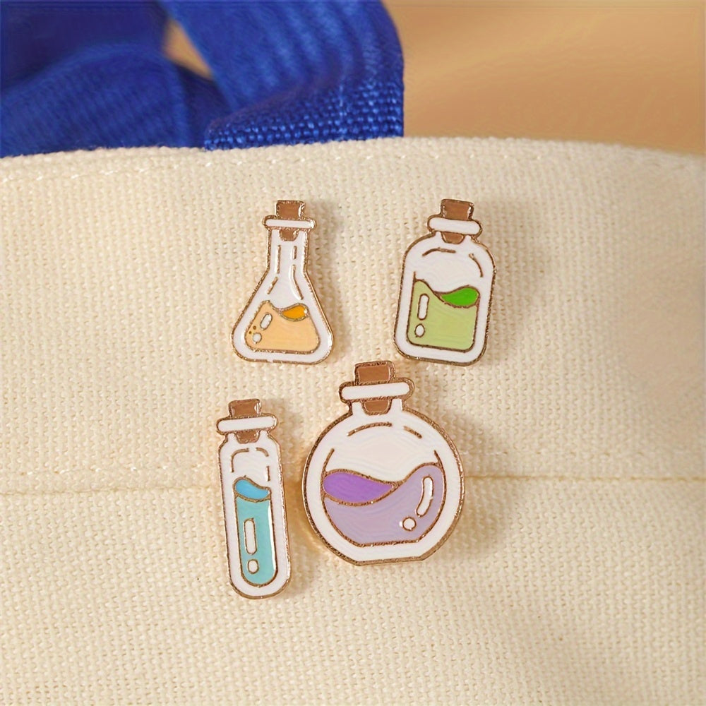 Set of 4 Cartoon Chemical Bottle Enamel Pins Alloy Brooches for Bags and Jewelry
