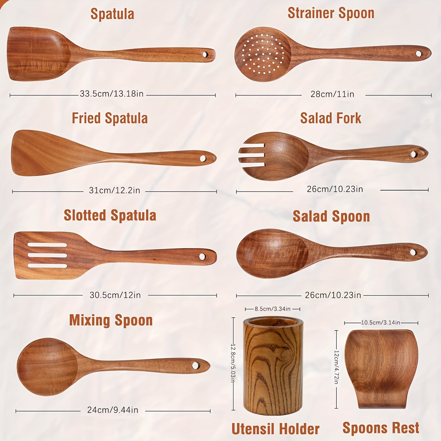 9-Piece Wooden Cooking Utensil Set for Non-Stick Pans Includes Spoon Fork Salad Spoon