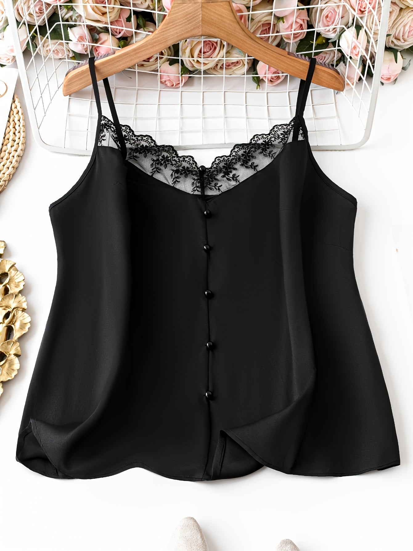 Top de tirantes sin mangas de talla grande con escote en V y paneles de encaje floral para verano