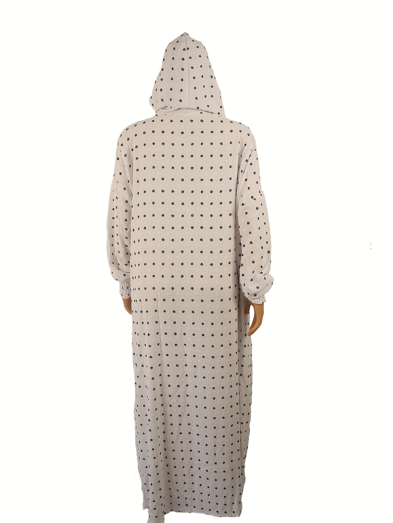 Plus o'lchamli polka nuqta abaya kaftan bo'sh fit maxi kiyim bilan kapşonli oq qora