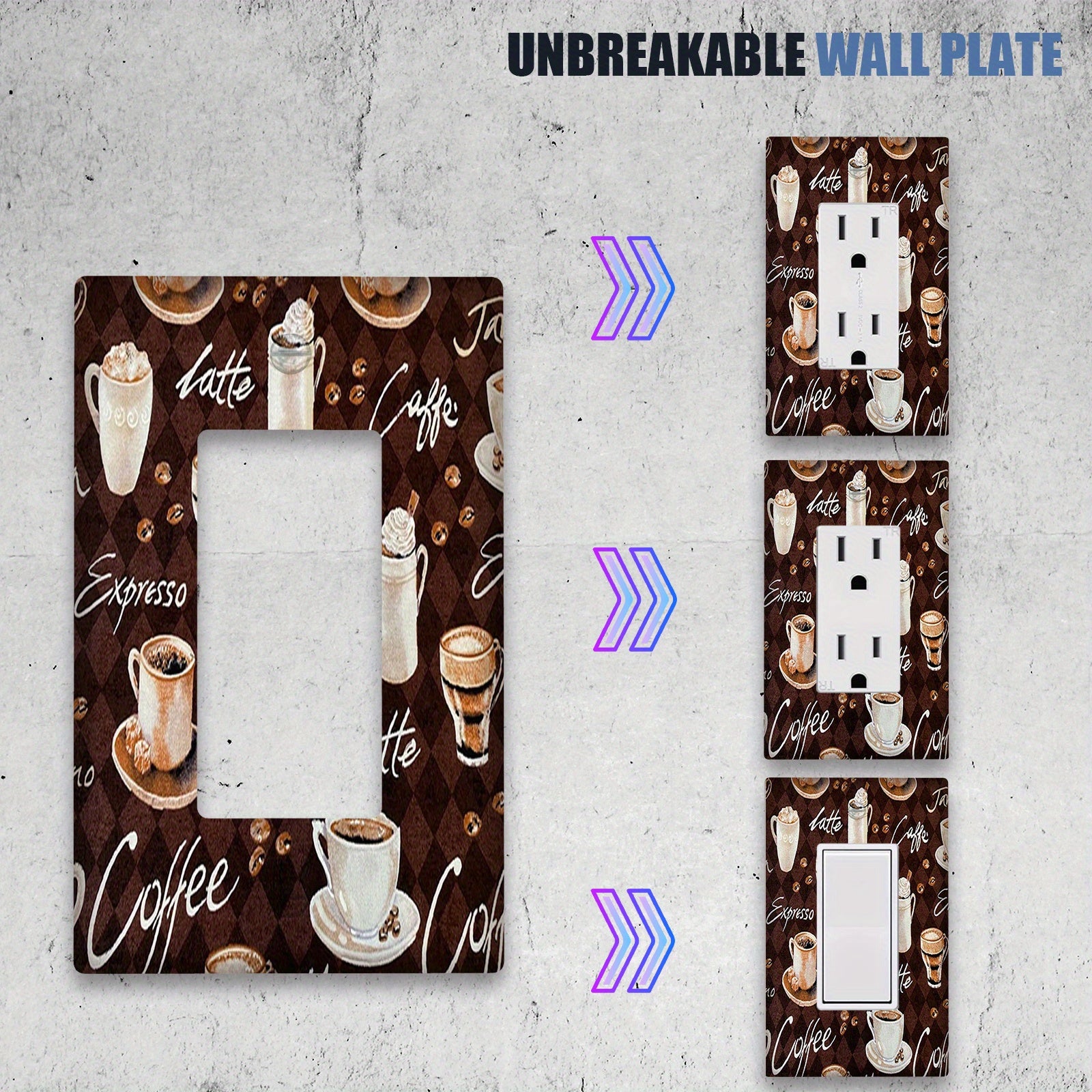Крышка для стеновой розетки с кофейной тематикой, оформленная латте-артом на коричневом фоне, идеально подходит для декора кухни и спальни. Доступна в вариантах на 1 и 2 гнезда.