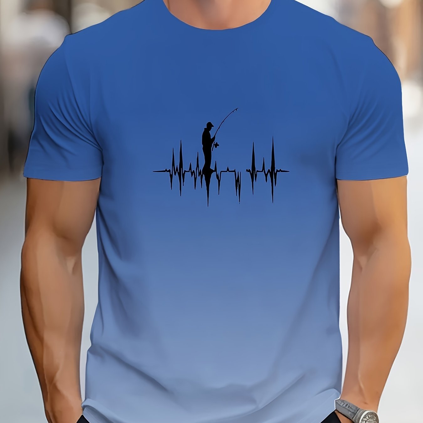 Erkaklar uchun tasodifiy baliq ovlash printli futbolka, cho'ziluvchan mato va dumaloq bo'yin bilan, yozgi ko'cha uslubi uchun mukammal.