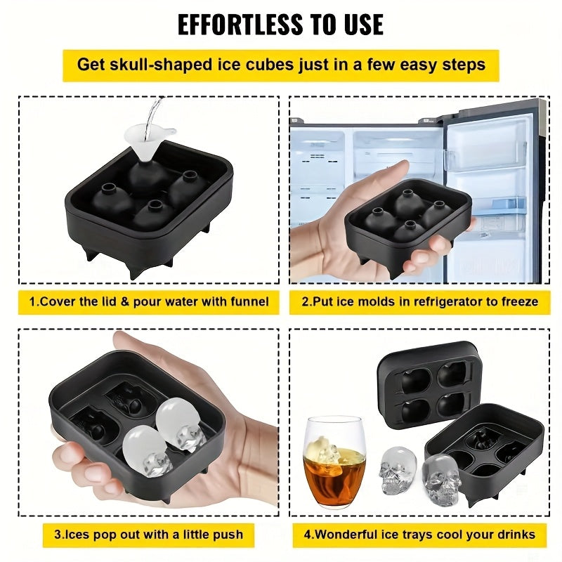 Silicone Skull Ice Cube Mold 4-Cavity Black Tray for Whiskey and Spirits