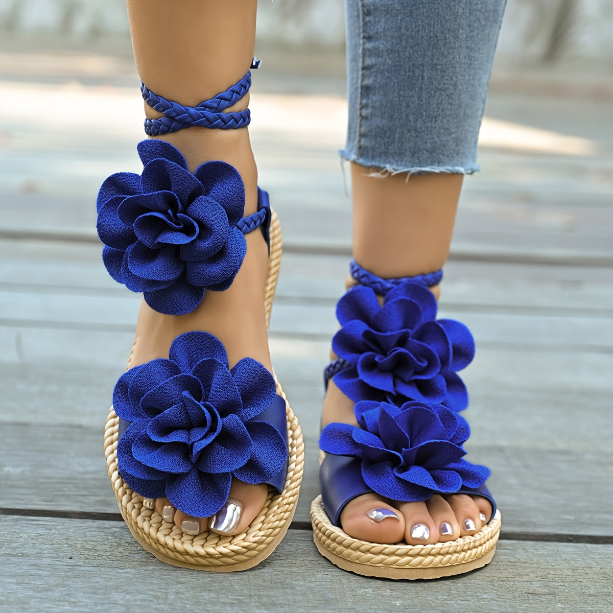 Women's Double Floral Ankle Strap Sandals Lightweight Flat Summer Beach Shoes