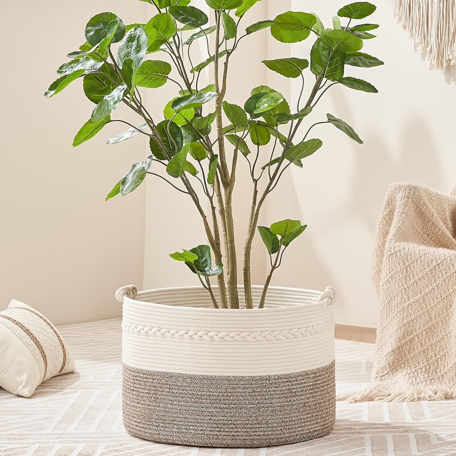 Round Bohemian Woven Laundry Basket with Handles for Bathroom and Living Room Storage