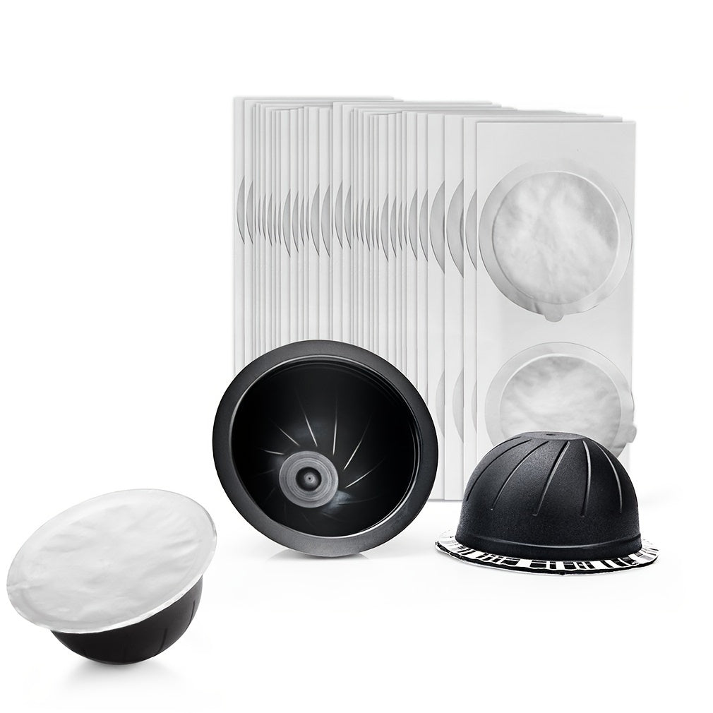 Aluminiy muhrlar va stikerlar bilan bir martalik qayta to'ldiriladigan kapsulalar, Nespresso Vertuo Plus avtomatik qahva tayyorlash mashinasi uchun mukammal, diametri 59 mm.