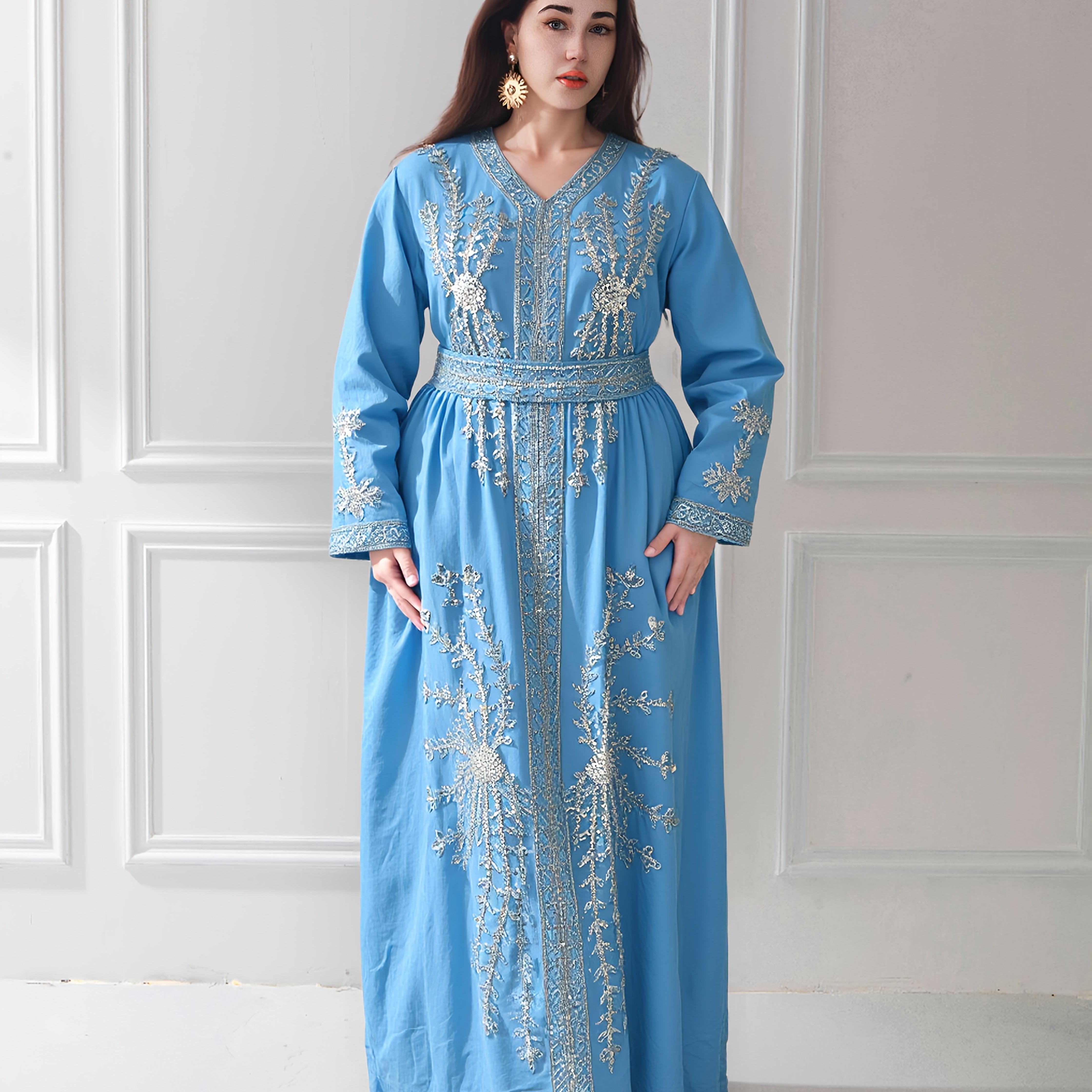 Plus Size Embroidered Maxi Dress White Gold V-Neck Long Sleeve Casual Formal