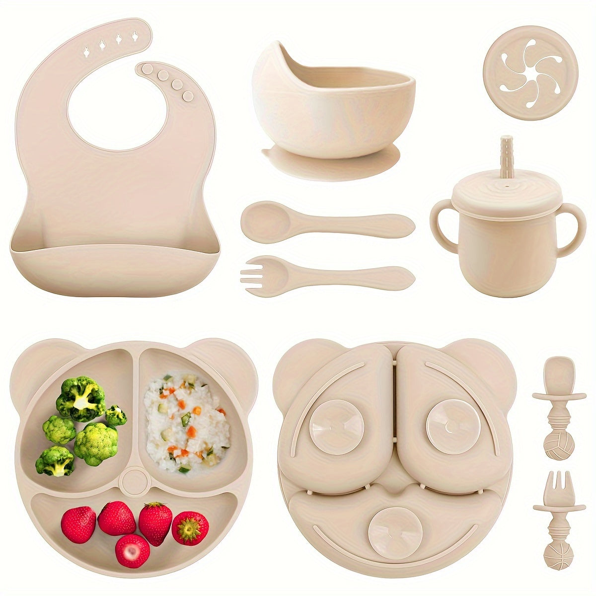 Набор для кормления малышей с присосками, делителями, ложкой, вилкой, чашкой с трубочкой, нагрудником - 10 предметов из силикона без BPA в розовом животном принте. Безопасно для микроволновой печи и духовки - идеально для самостоятельного кормления.