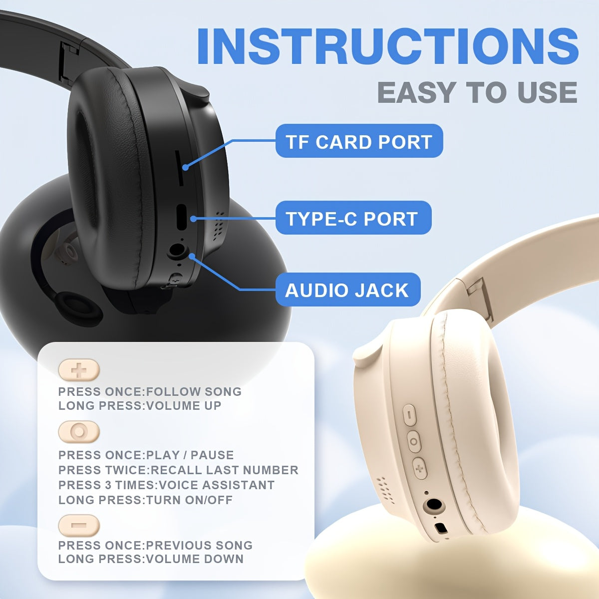 O'yin mikrofoni bilan simsiz, yig'iladigan retro quloqchinlar, tasodifiy foydalanish, yugurish, video qo'ng'iroqlar va HIFI ovoz sifati uchun.