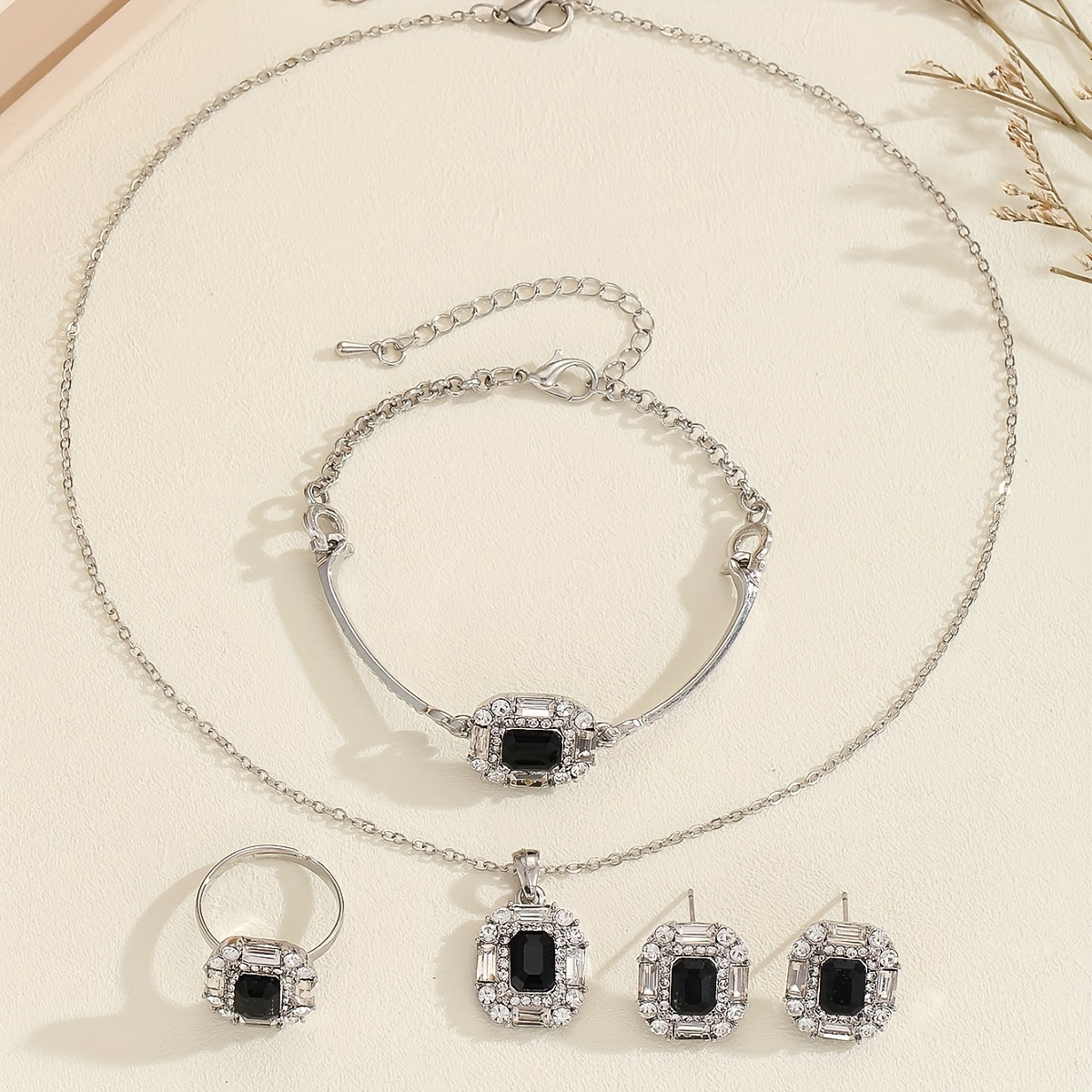 Black Geometric Square Women's Jewelry Set Necklace Earrings Bracelet Ring 5 Pieces