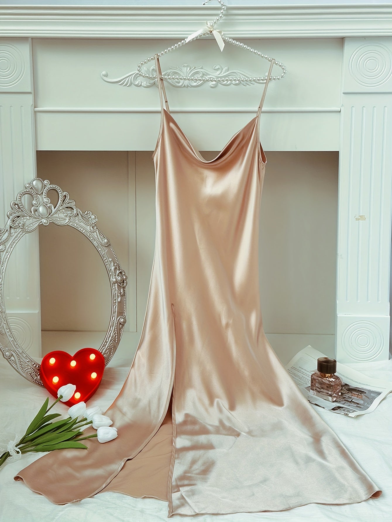 Women Satin Nightdress with Turtleneck Side Split and Backless Design
