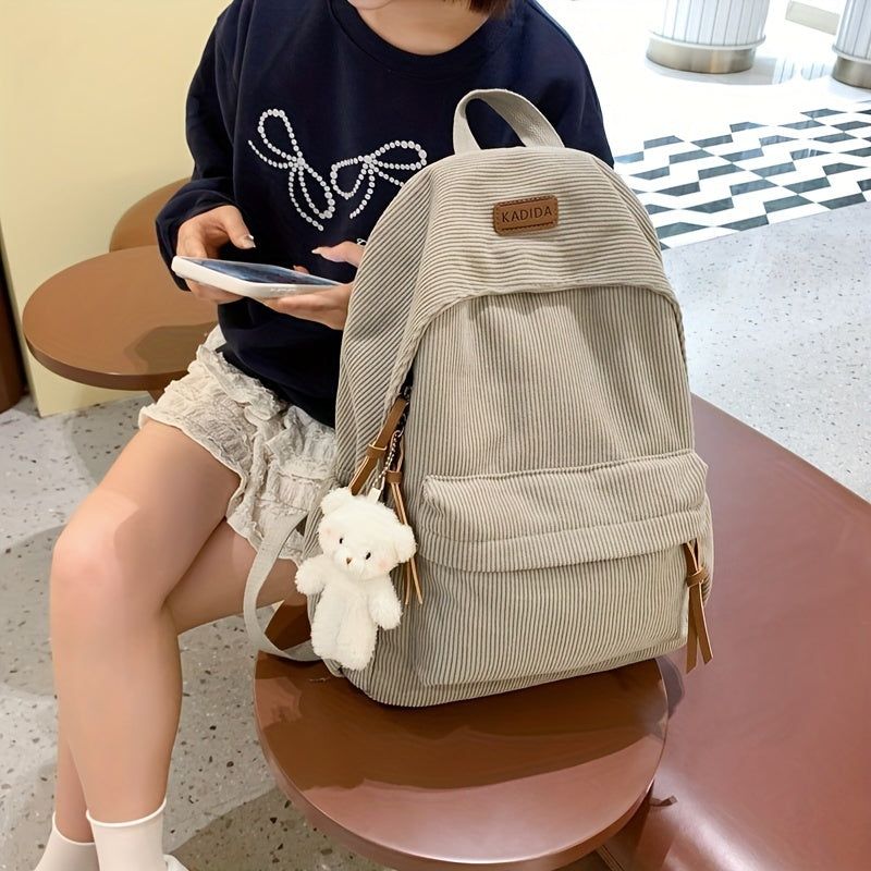 Women's Large Capacity Corduroy Backpack with Bear Pendant for School