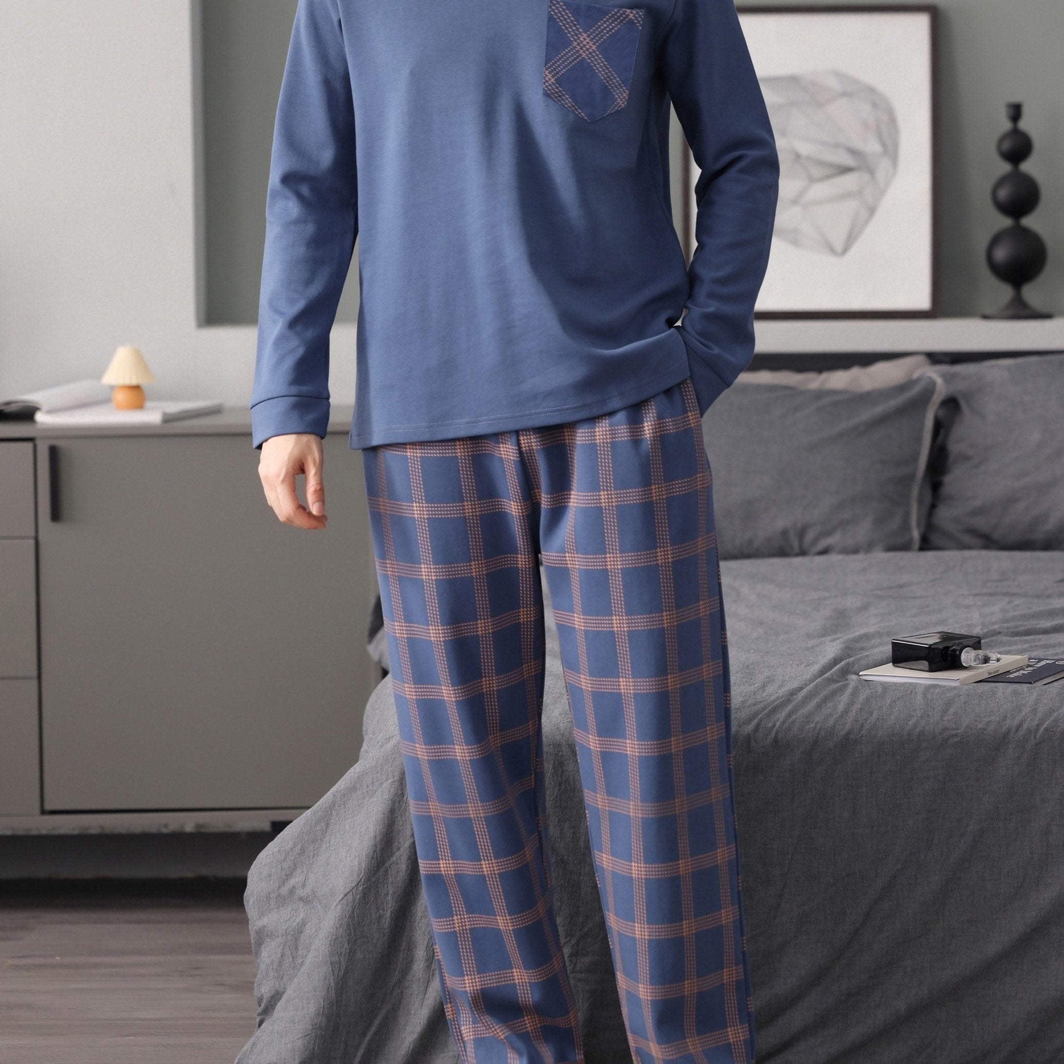 Conjunto de pijama de cuadros para hombre, camiseta de manga larga, cuello redondo, pantalones cortos, ropa de descanso y pijamas