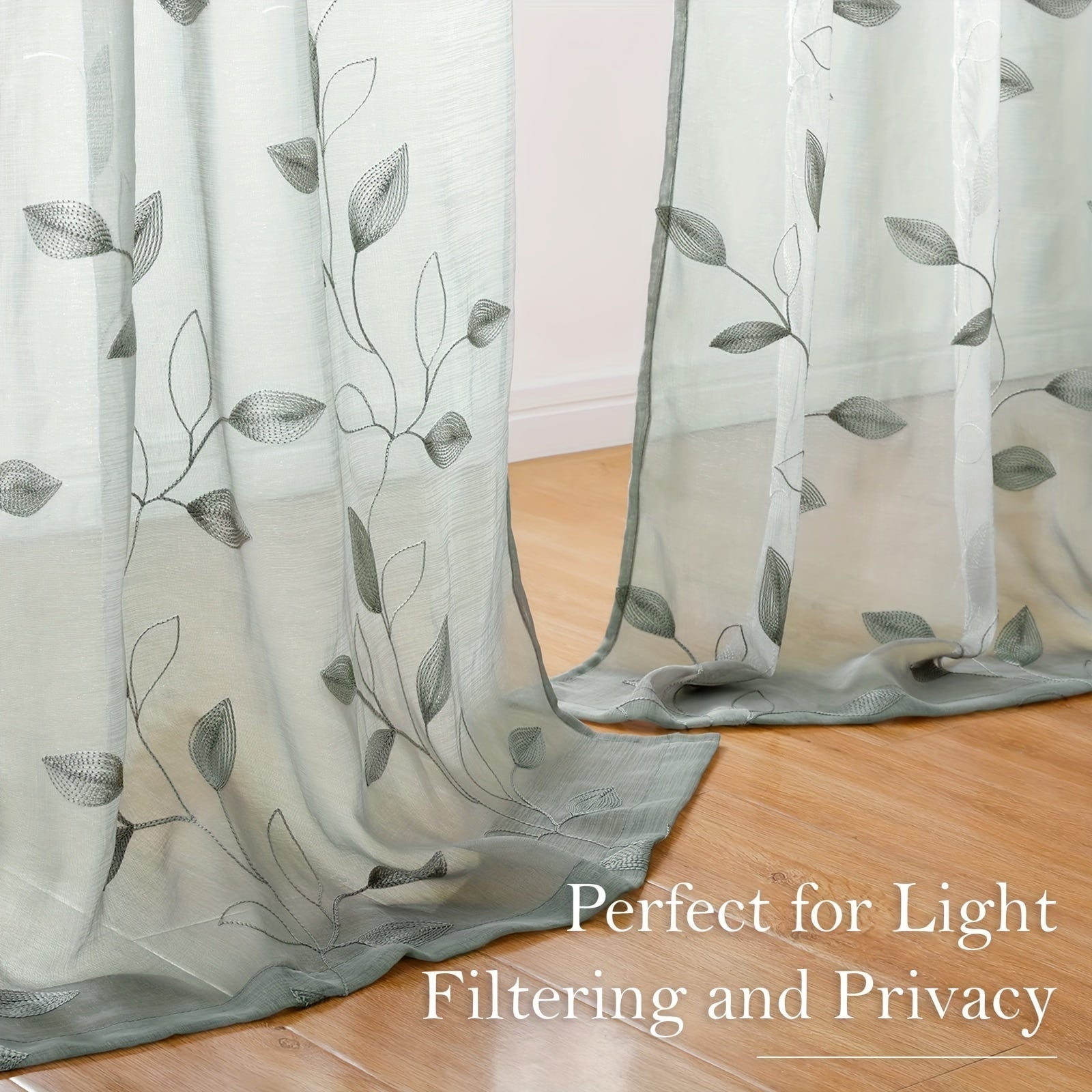 Two Pieces Sheer Curtains with Embroidered Leaf Pattern, Rod Pocket, Polyester, for Bedroom Living Room Kitchen