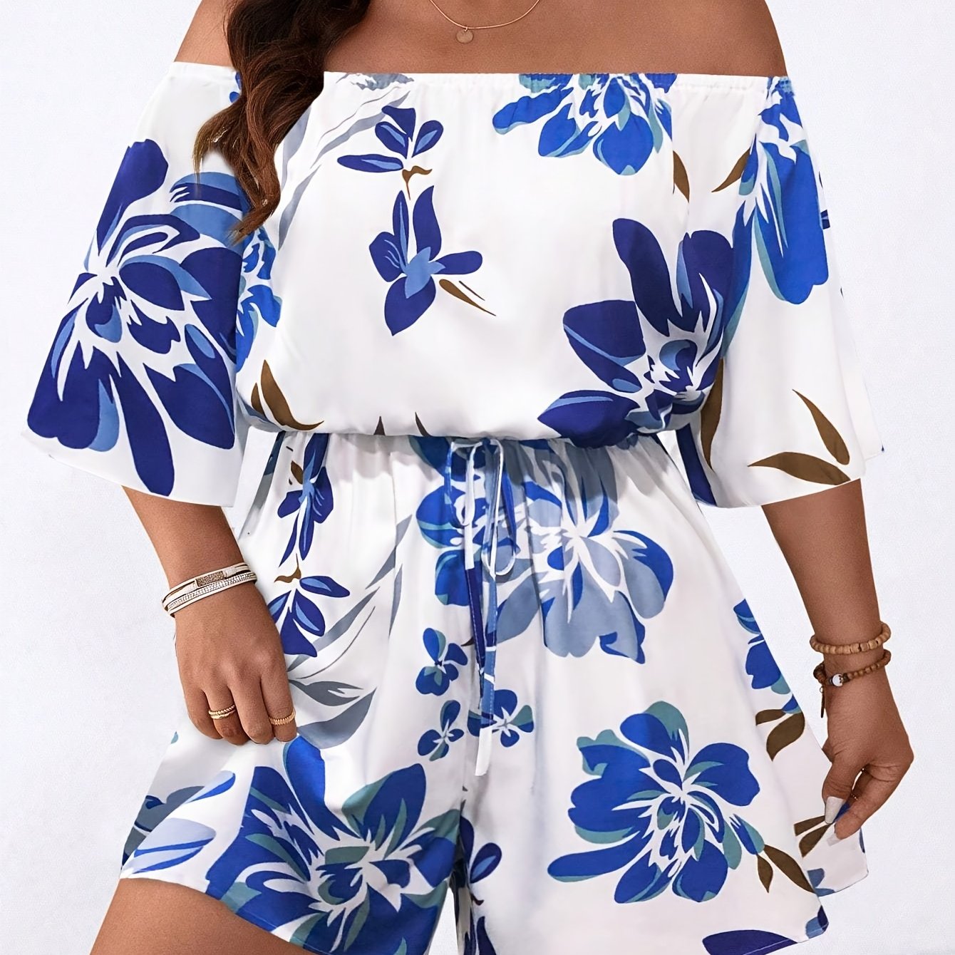 Plus Size Women's Off Shoulder Floral Jumpsuit Ruffled Hem Summer Casual