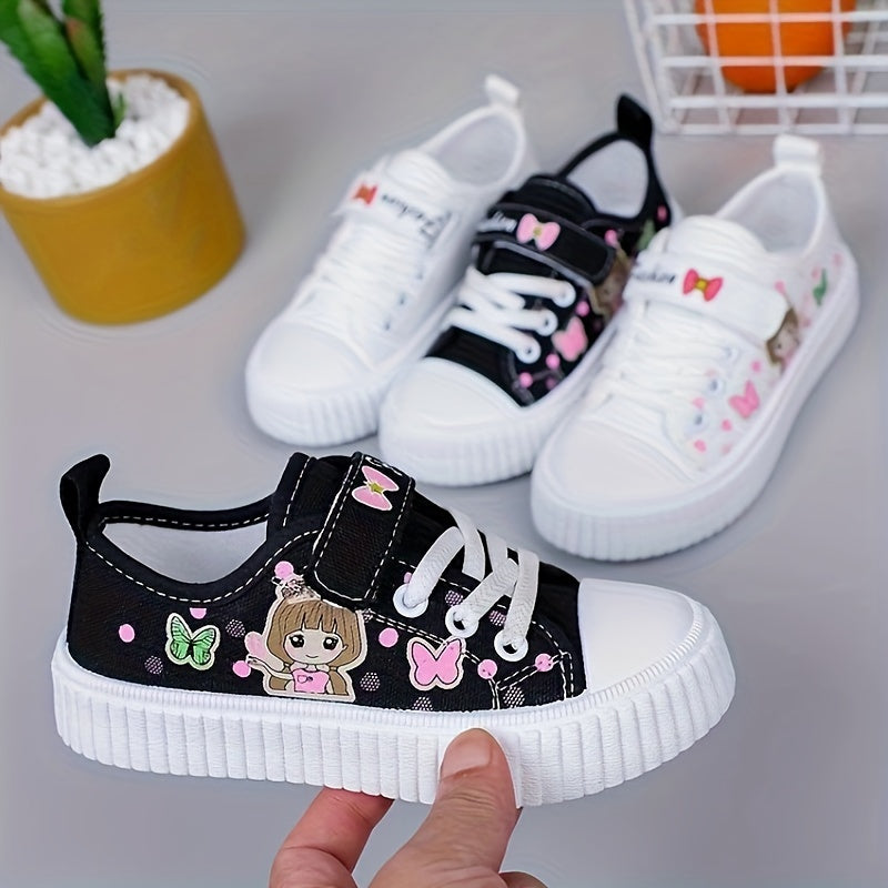 Girls' Canvas Sneakers Pink Black Butterfly Girl Low Top Breathable Casual Shoes
