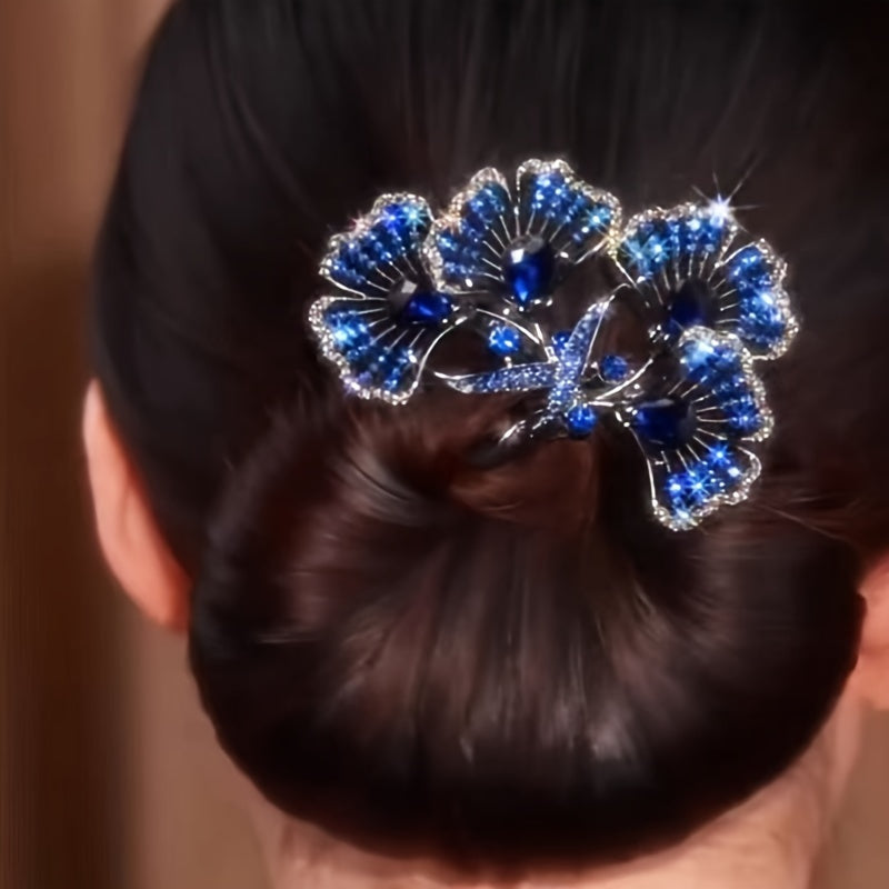 Women Ginkgo Leaf Hair Clip Vintage Style Silver Blue Hair Accessory for Updo and Bun Hairstyles