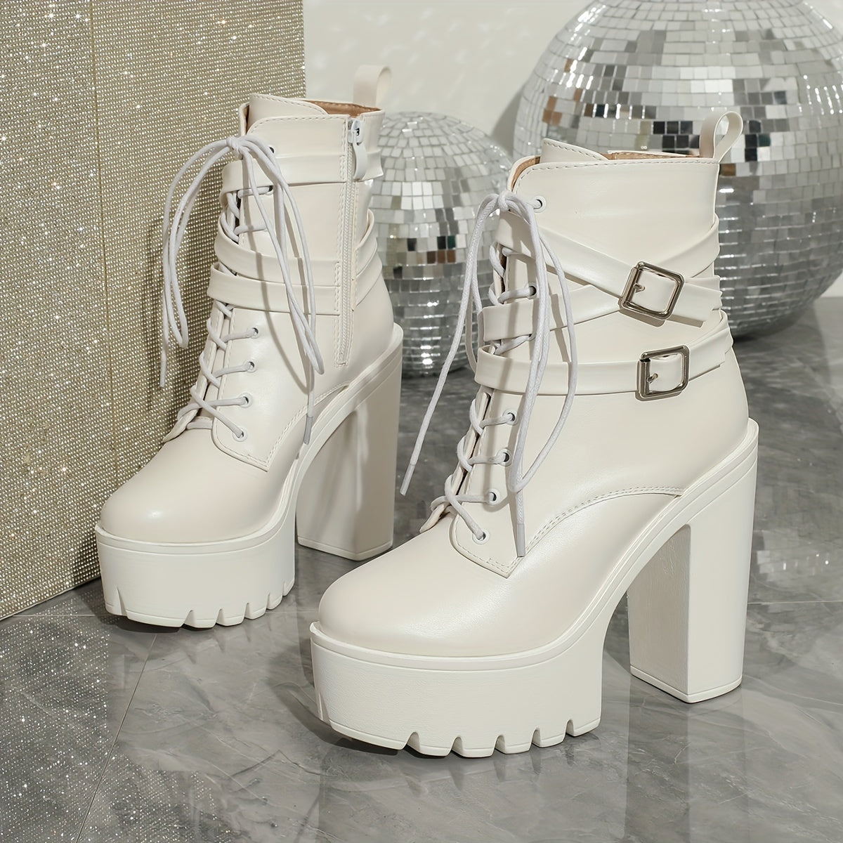 Women's White Platform Ankle Boots with Chunky Heel and Non-Slip Sole