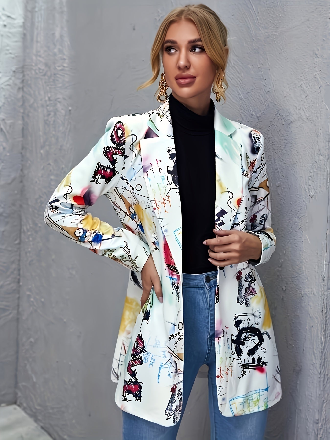 Plus Size Graffiti Print Blazer with Long Sleeves Open Front Casual Outerwear