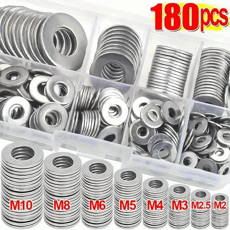 180pcs Stainless Steel Washer Ring Set M2-M10 Polished Durable Hardware