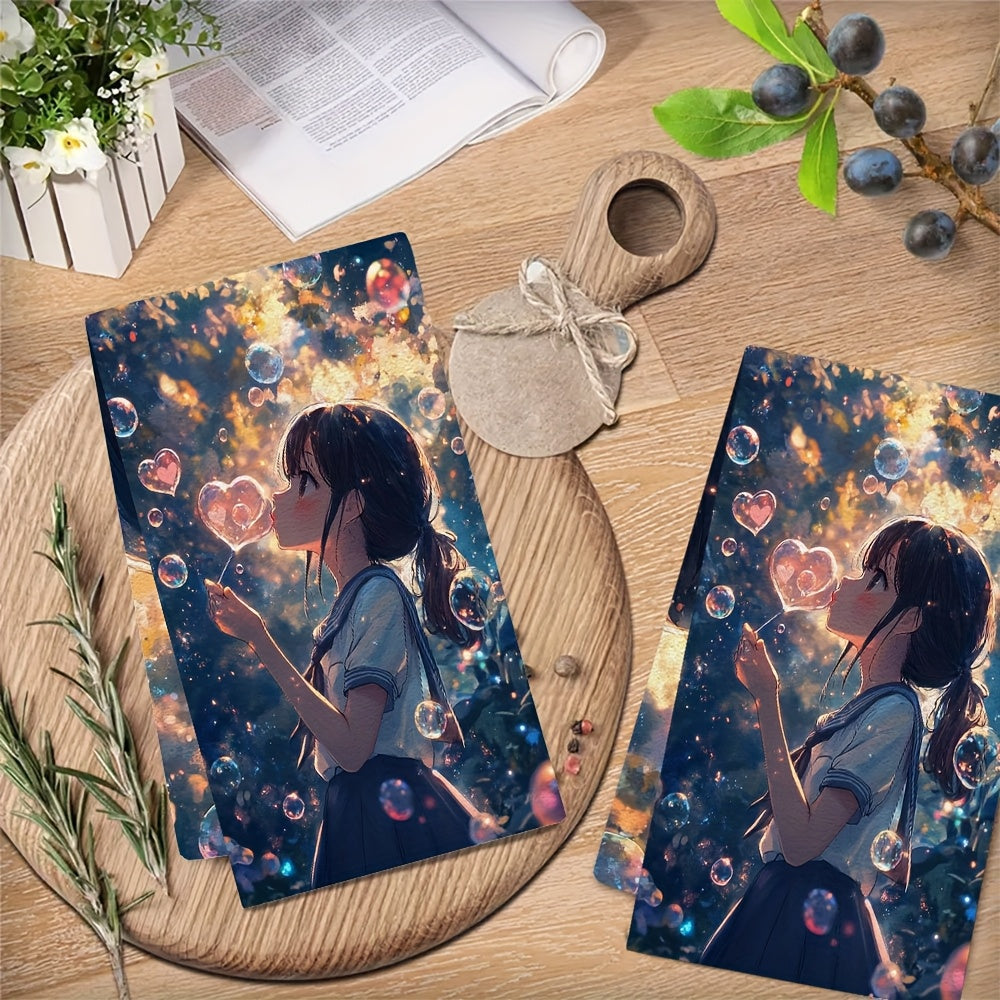 Anime qiz balonli dizayni bilan 2 ta yumshoq oshxona sochiqlari to'plami, suv o'zlashtiruvchi idish sochiqlari