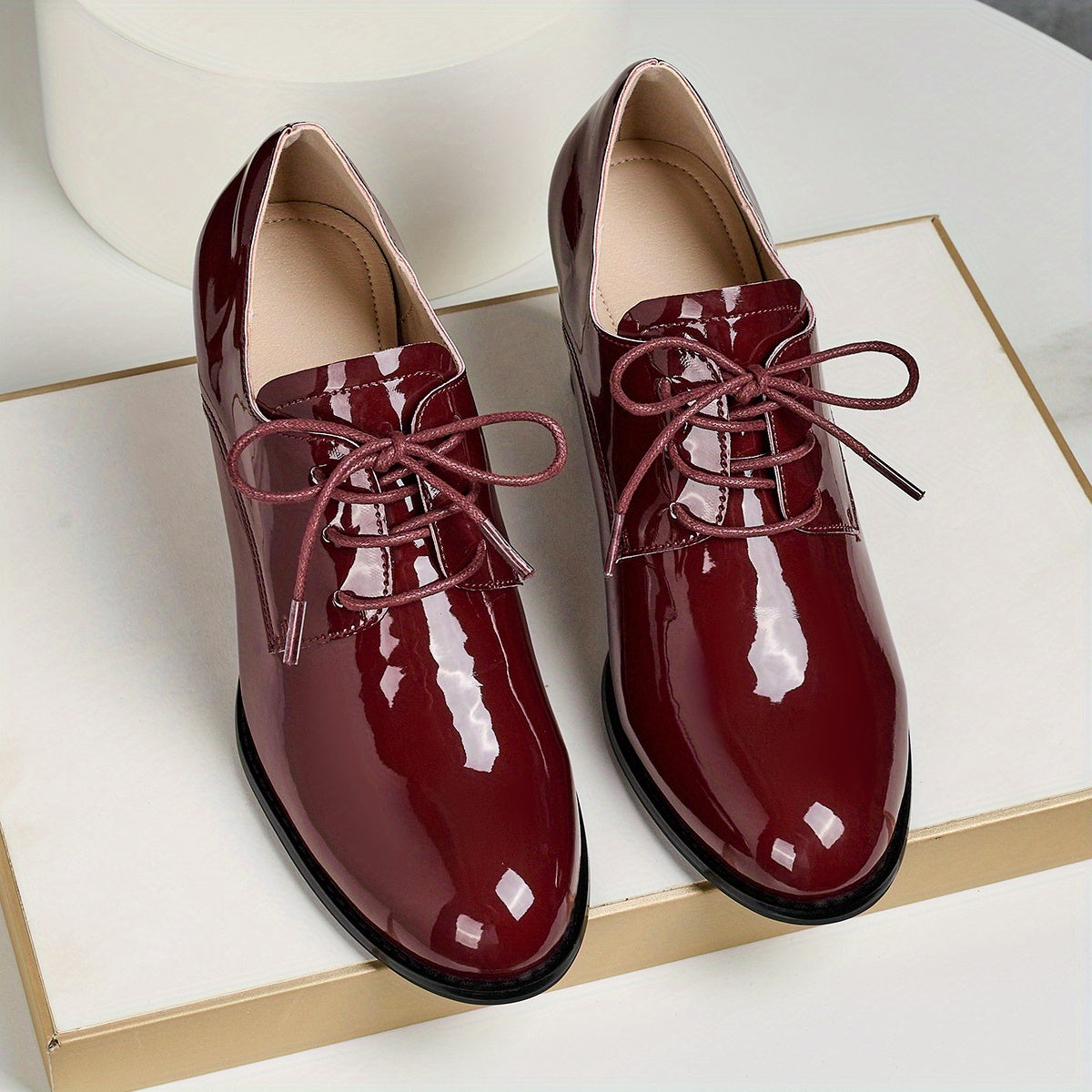Women's Glossy Oxford Shoes Lace-Up Block Heels Formal Casual Non-Slip Rubber Sole