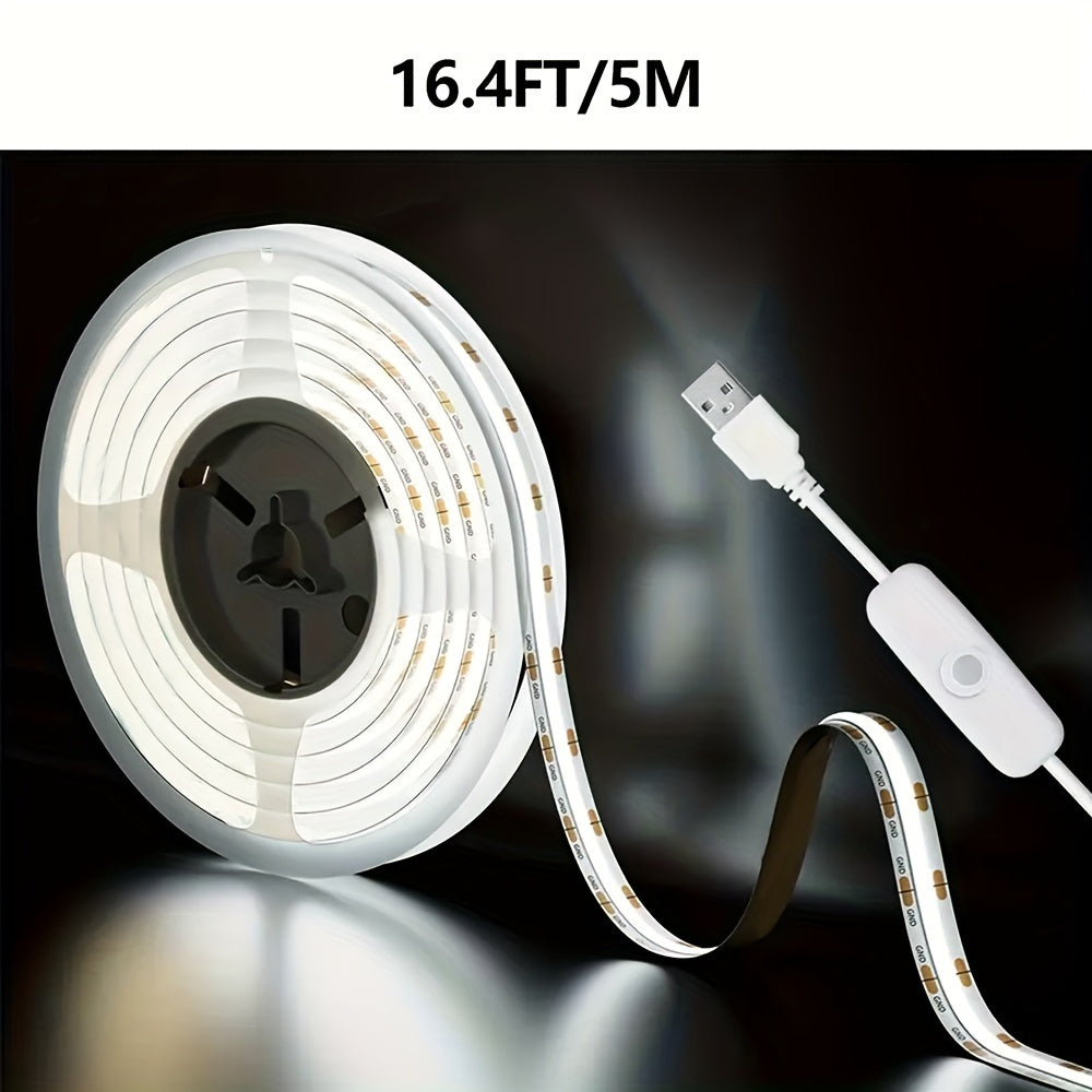 USB Powered COB LED Strip Light Flexible Tape Warm White White Bright for Home Kitchen Bedroom Garage TV Wall
