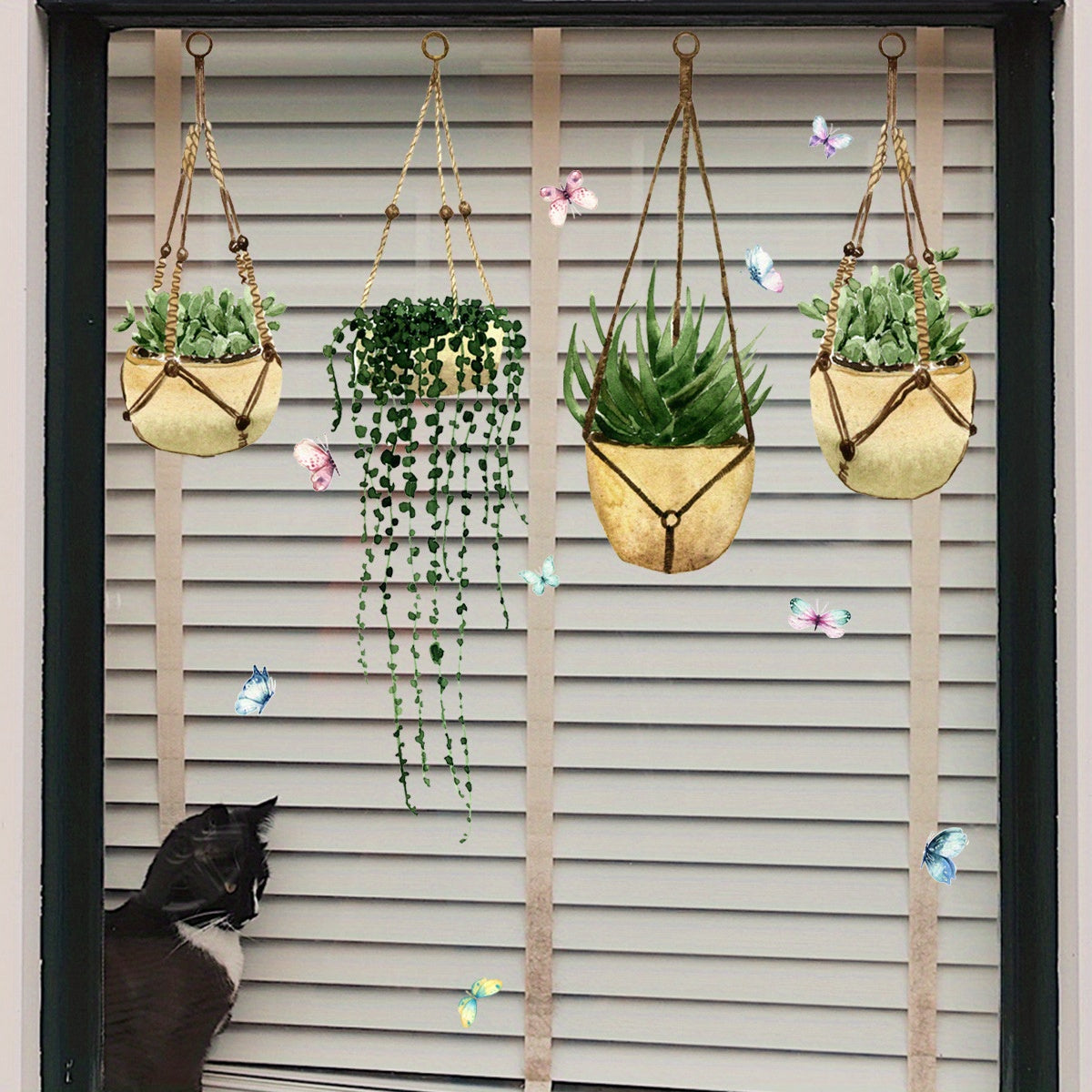 Pegatinas para ventanas de plantas en maceta con mariposas y vegetación, reversibles, lavables, de PVC para vidrio