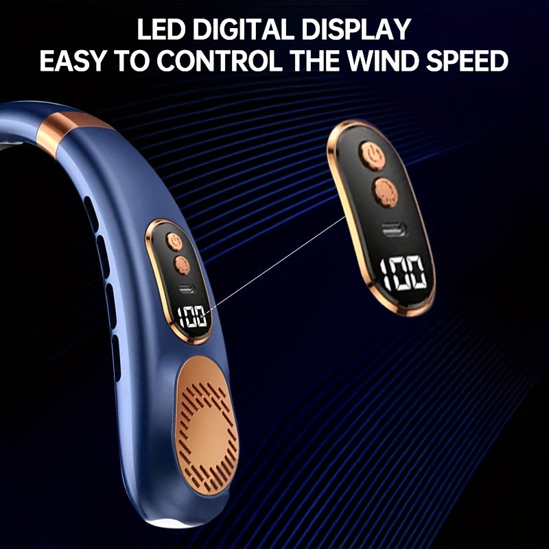 Portable Neck Fan with LED Display, 5-Speed Adjustable Cooling, USB Rechargeable for Home Office Outdoor Cycling