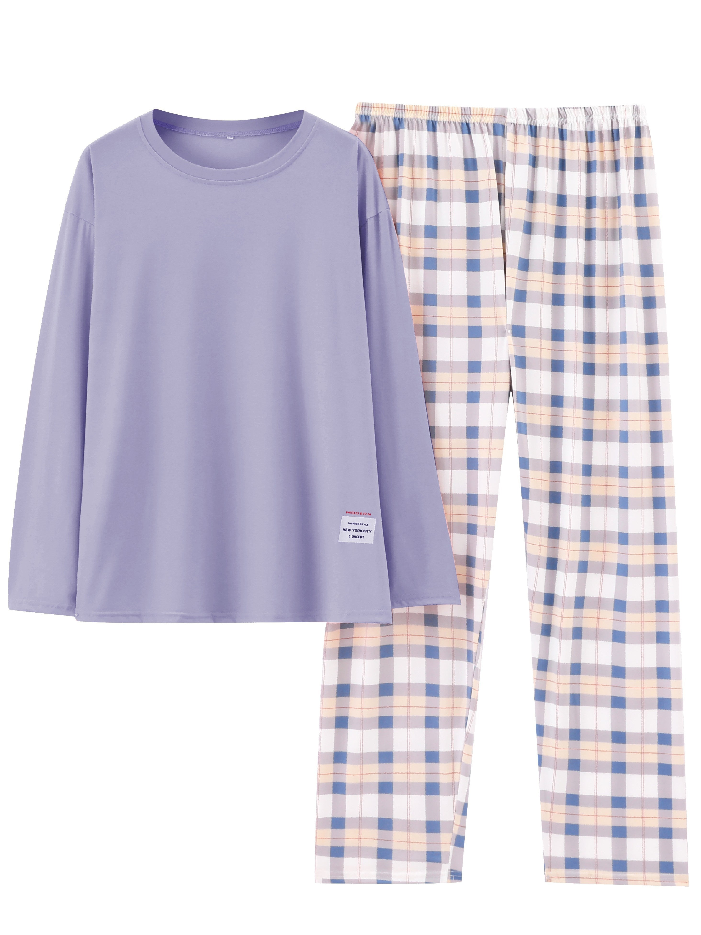 Plus Size Casual Pajamas Set Women Long Sleeve Tee and Plaid Pants Comfortable Loungewear