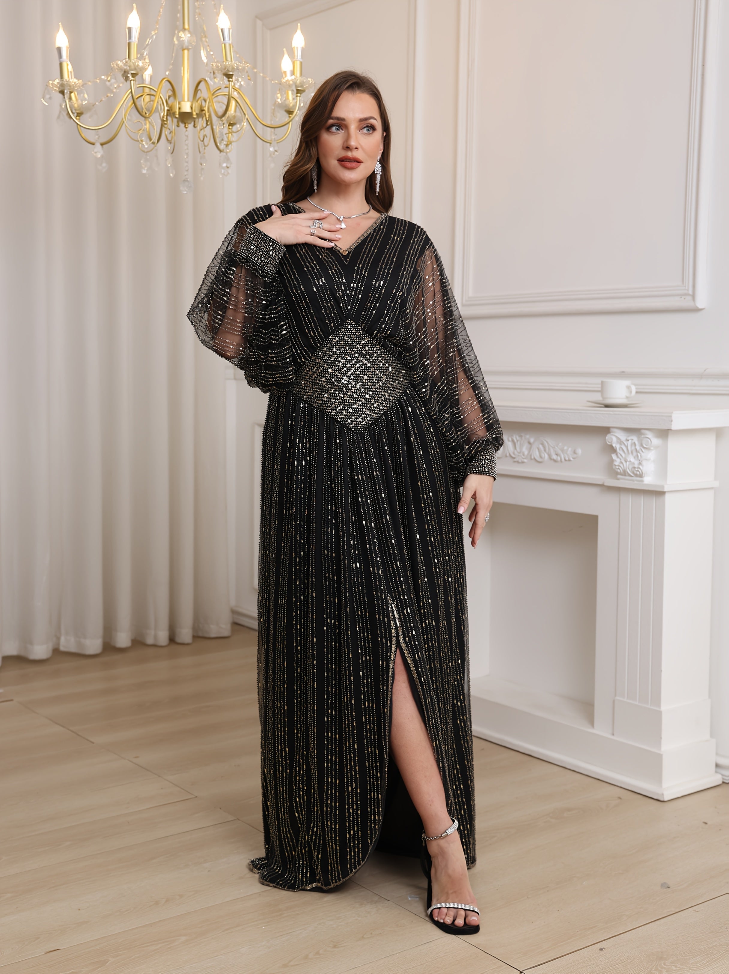 Women's Beaded Sequin V-Neck Batwing Sleeve Midi Dress Formal Party Wear