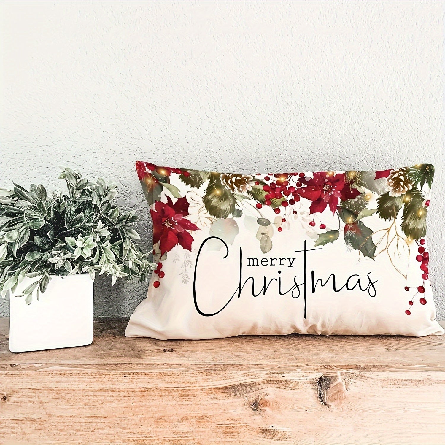 Merry Christmas Pillow Cover Farmhouse Decor Woven Polyester Festive Cushion
