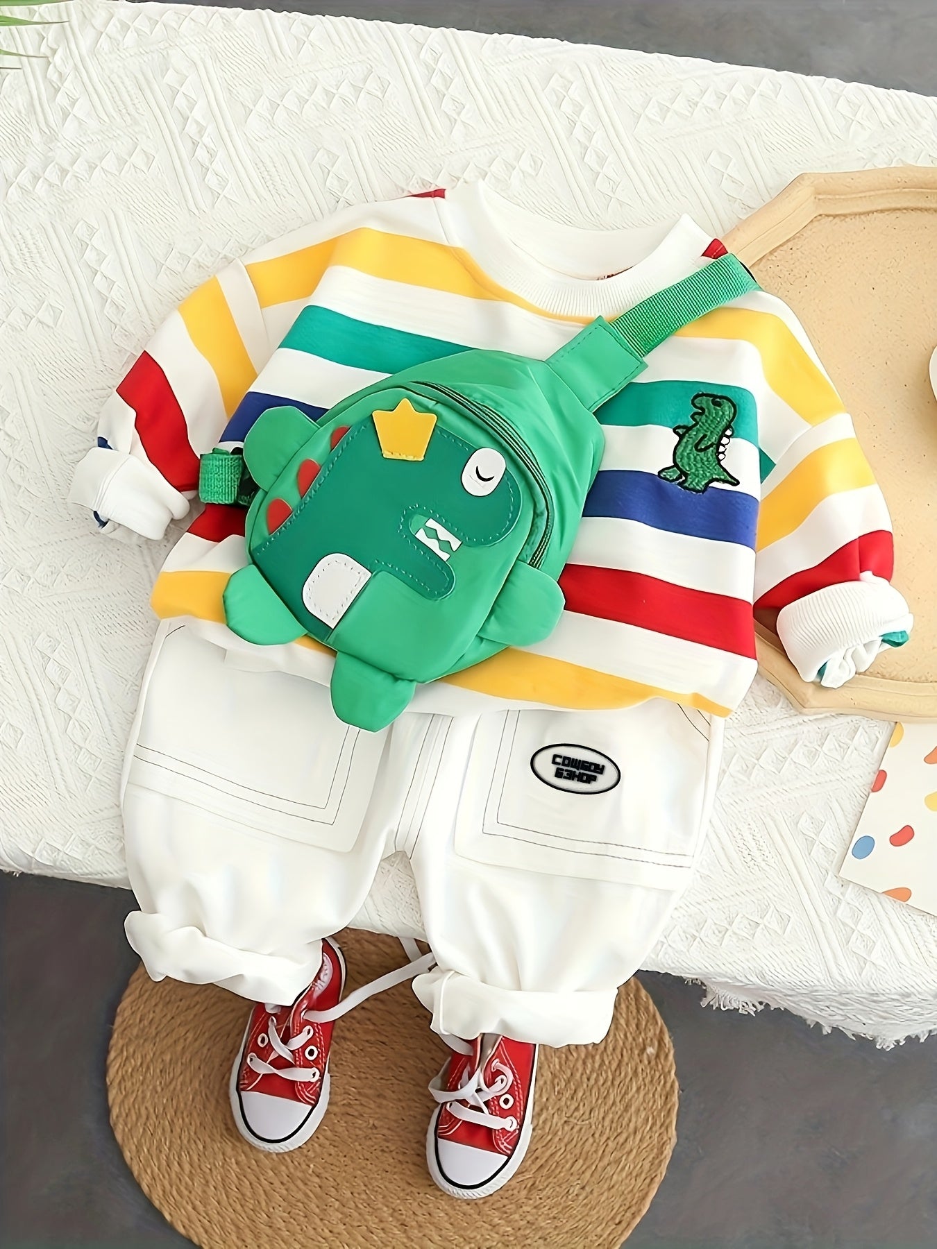 Kids' Autumn 2-Piece Outfit Set with Colorful Striped Long Sleeve Top and Green Dinosaur Jeans for Boys and Girls