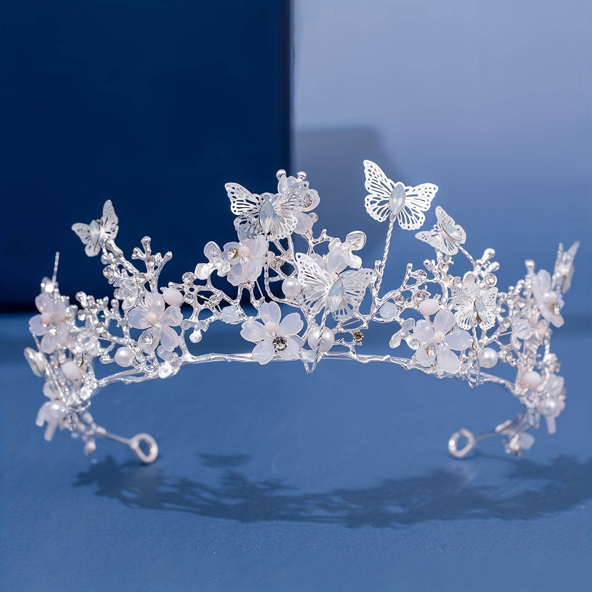 Set of 3 Bridal Jewelry Pieces Rhinestone Butterfly Tiara Faux Pearl Floral Headband Necklace Earrings