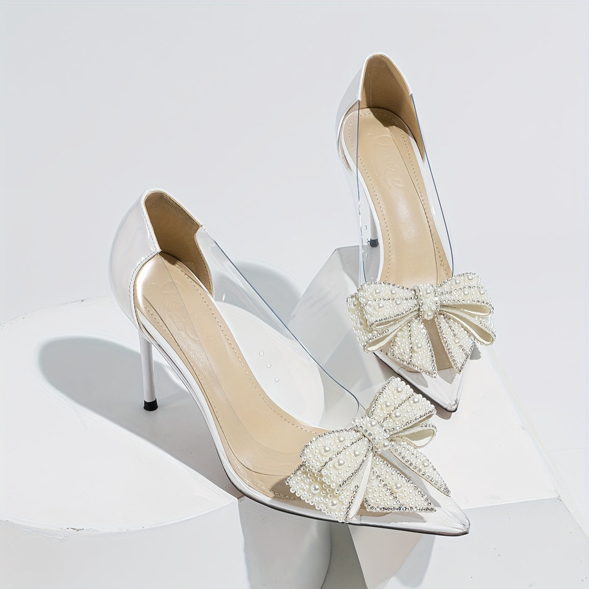 Women High Heel Shoes TPU Pearl Butterfly Pointed Toe Stiletto Silver Gold Champagne