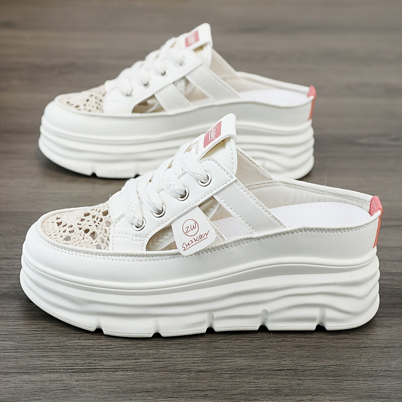 Women's Breathable Platform Mule Sneakers with Cutout Design and Lace-Up Closure