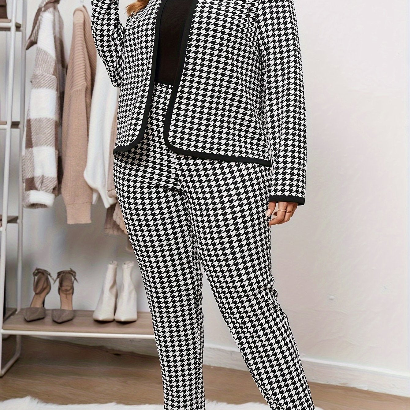 Plus Size Women's Houndstooth Jacket and Pants Set Stretchy Polyester
