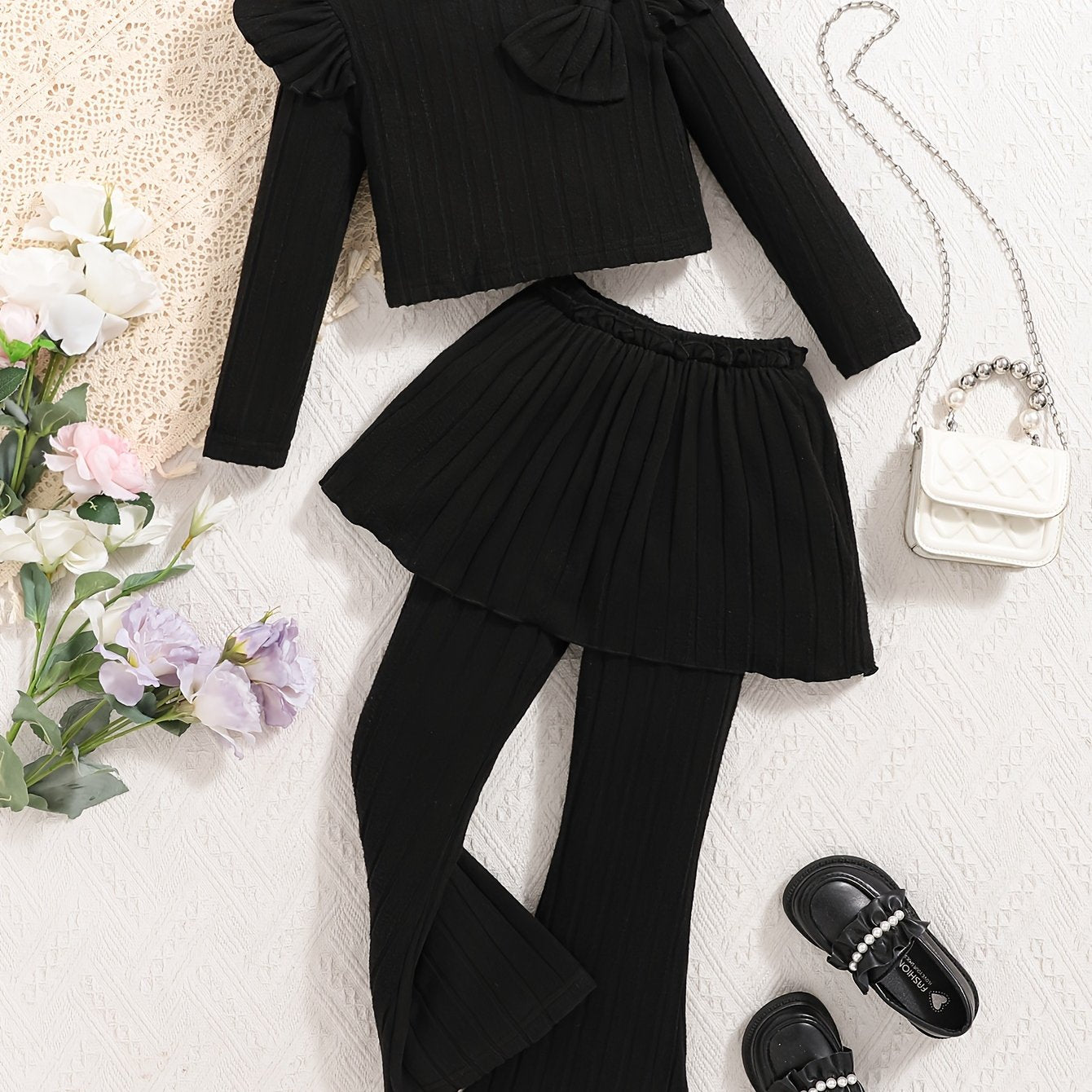 Girls' Fall Winter Solid Color Ribbed Bow Top and Bell-Bottom Pants Set