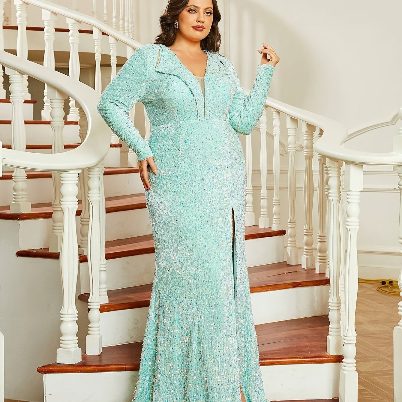 Women's V-Neck Sequin Long Sleeve Bodycon Dress for Party and Formal