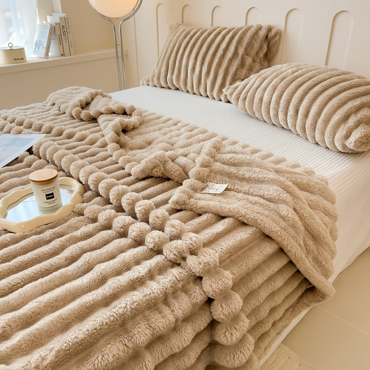 Striped Plush Blanket Double-Sided Fleece All-Season Knit Polyester Machine Washable