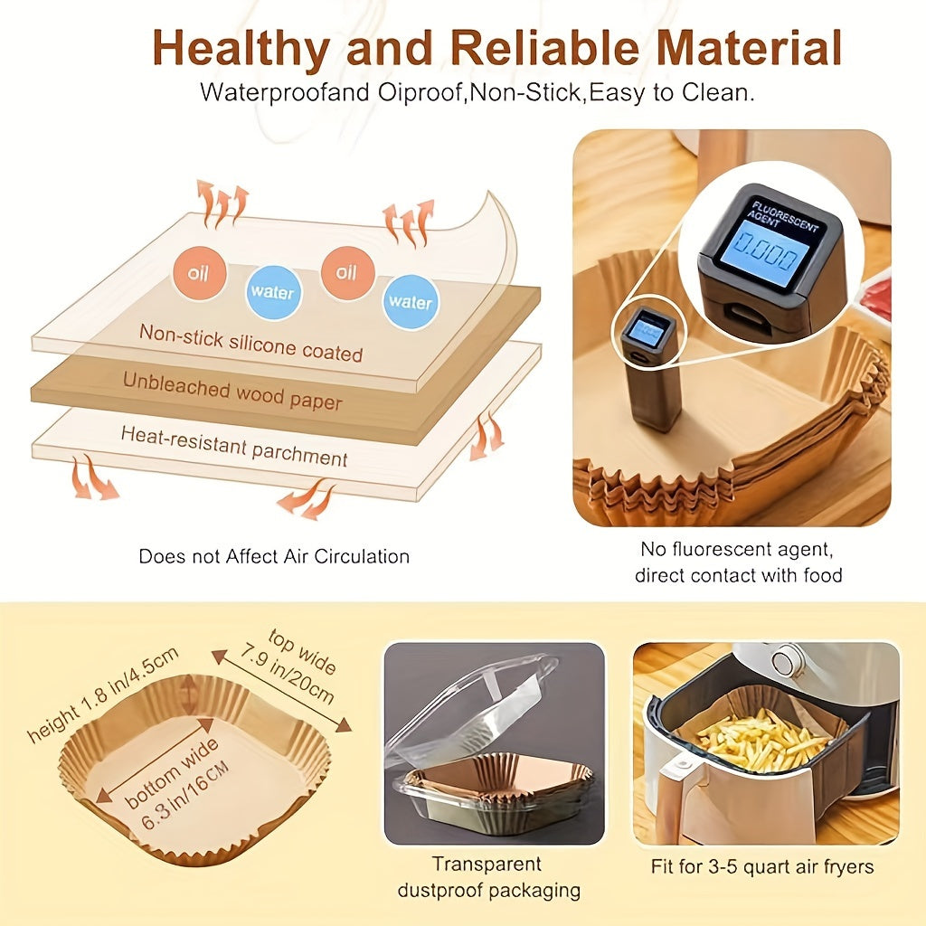 50 Pack Non-Stick Square Air Fryer Liners for Baking Roasting Microwave