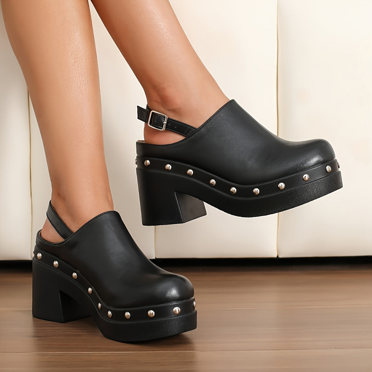 Women's Chunky Platform Sandals Synthetic Closed-Back Studded Black All-Season